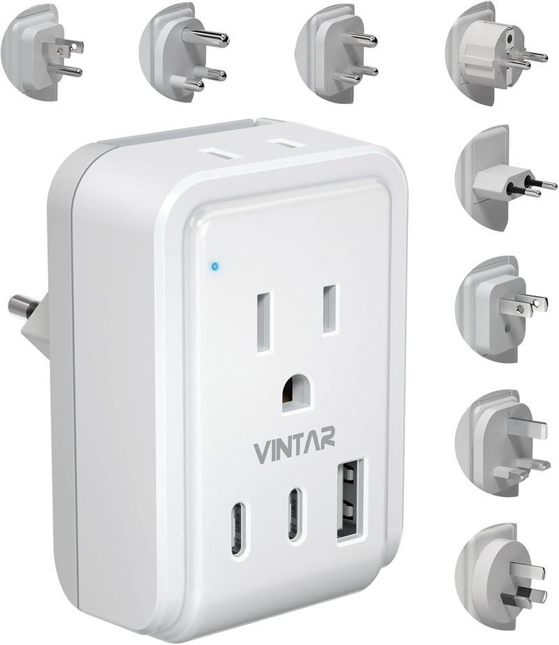 VINTAR طقم محول السفر العالمي، محول طاقة دولي مع 3 منافذ USB (2 USB C) و 2 AC، ملحقات قابلة للفصل من النوع A، B، C، D، E/F، G، I، M، محول للهند/جنوب أفريقيا/أوروبا/المملكة المتحدة - Image 1